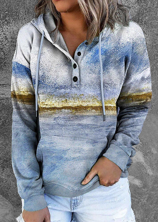 

Hoodies Drawstring Button Long Sleeve Hoodie in Multicolor. Size