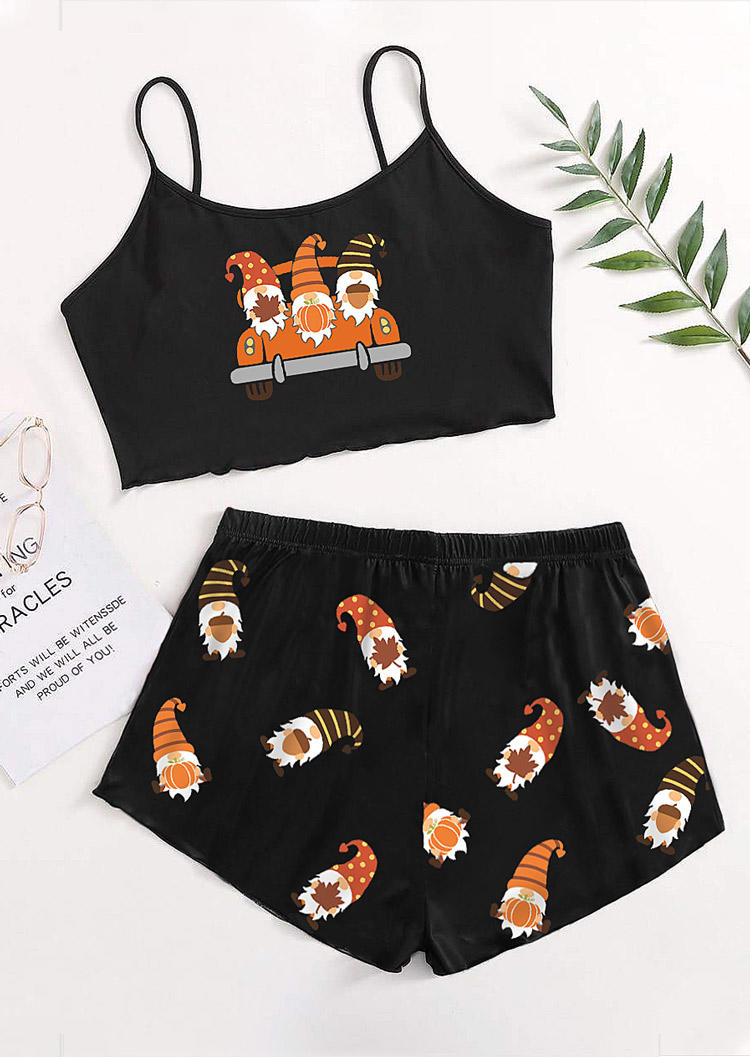 

Sleepwear Thanksgiving Gnomies Camisole And Shorts Pajamas Set in Black. Size: ,M,L,XL