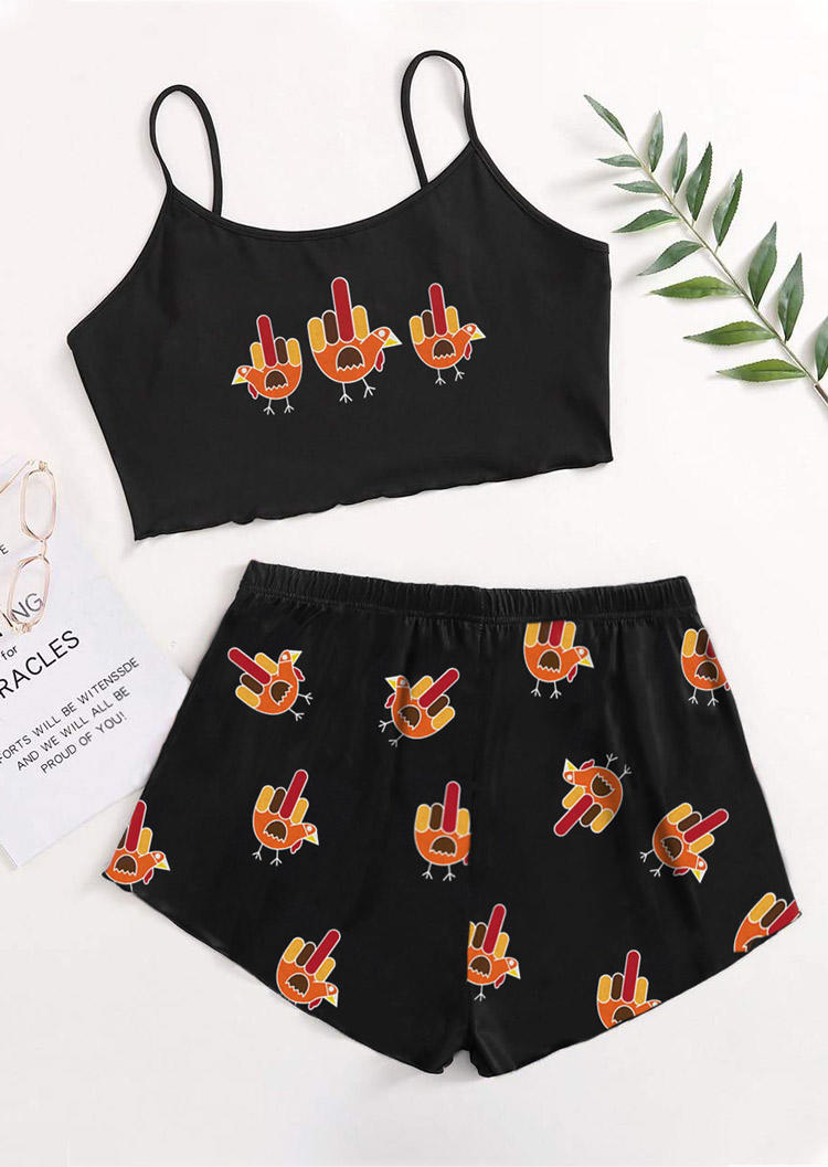 

Sleepwear Thanksgiving Turkey Camisole And Shorts Pajamas Set in Black. Size: ,M,L,XL