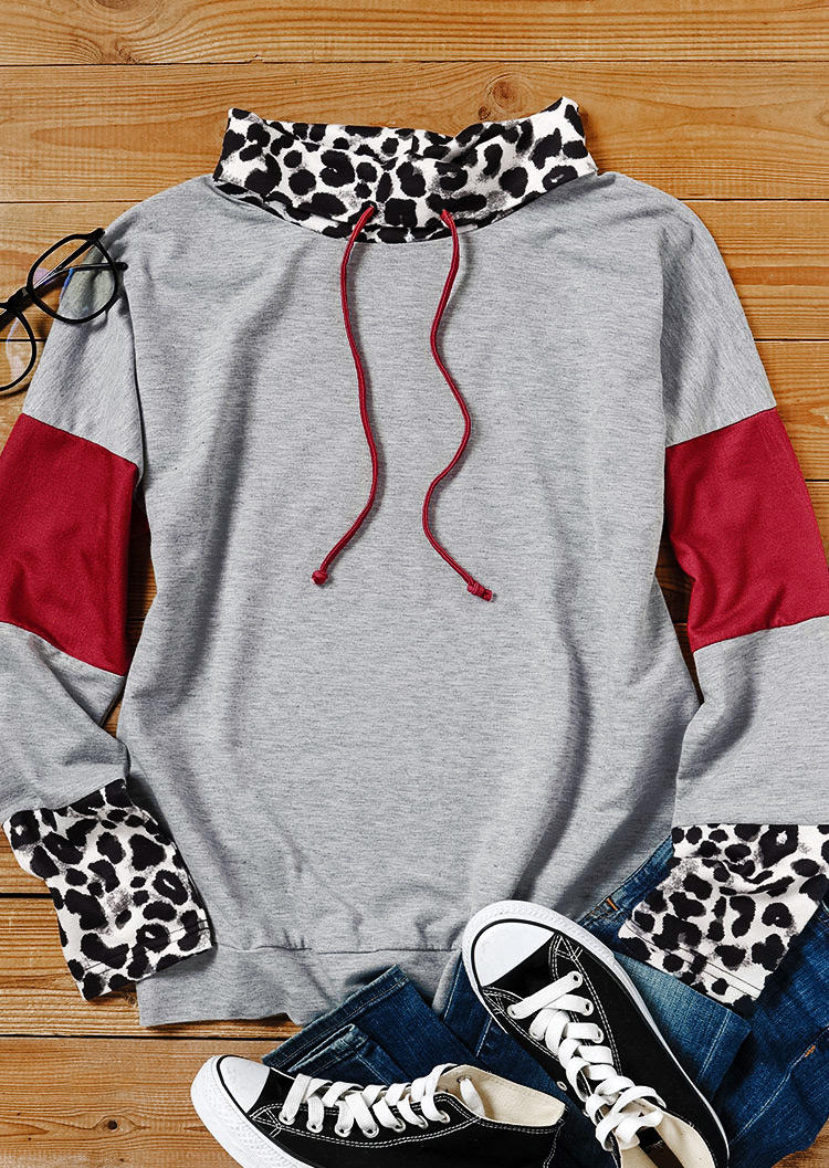 Sweatshirts Leopard Color Block Drawstring Cowl Neck Sweatshirt in Gray. Size: S