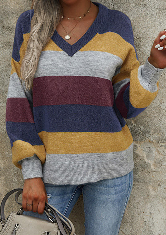 

Sweaters Color Block V-Neck Long Sleeve Sweater in Multicolor. Size