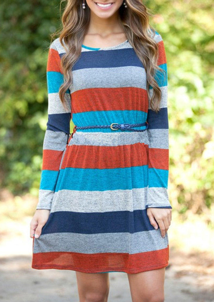 Colorful Striped Open Back Long�0�2Sleeve Mini Dress