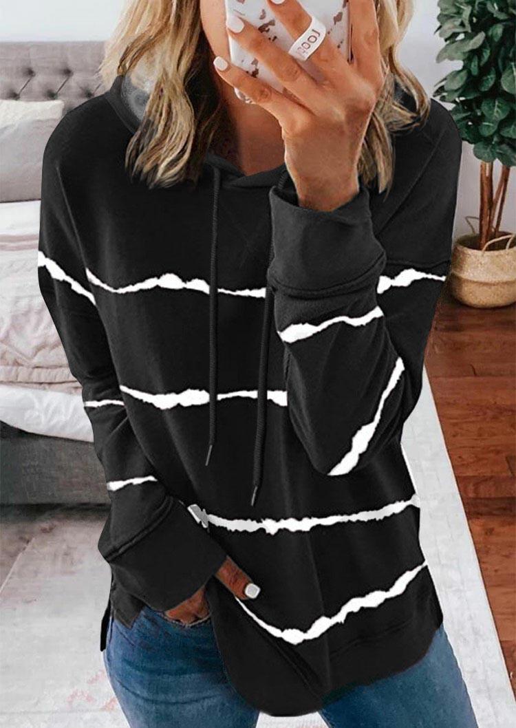 

Hoodies Striped Drawstring Slit Long Sleeve Hoodie in Black. Size