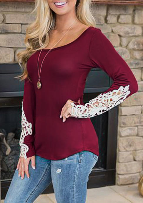 

Blouses Lace Hollow Out Splicing O-Neck Blouse in Burgundy. Size: ,XL