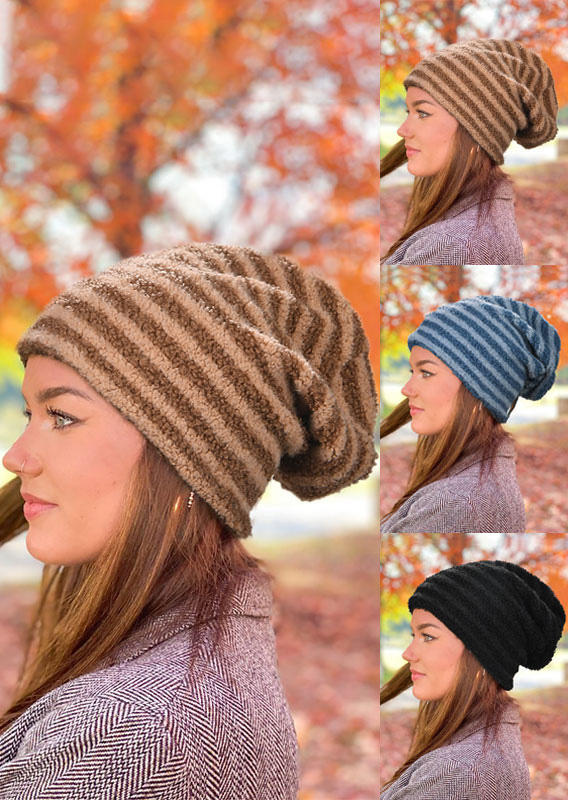 

Hats Striped Bonnet Beanie Hat in Black,Blue,Khaki. Size