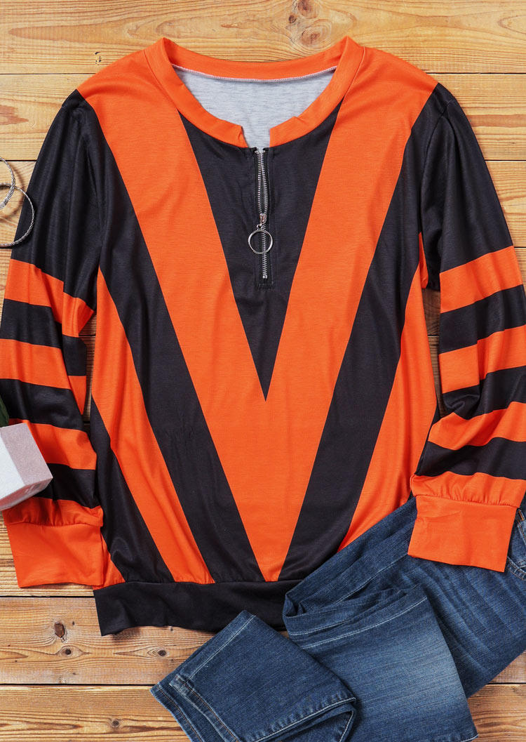Blouses Color Block Zipper Long Sleeve Blouse in Orange. Size: XL