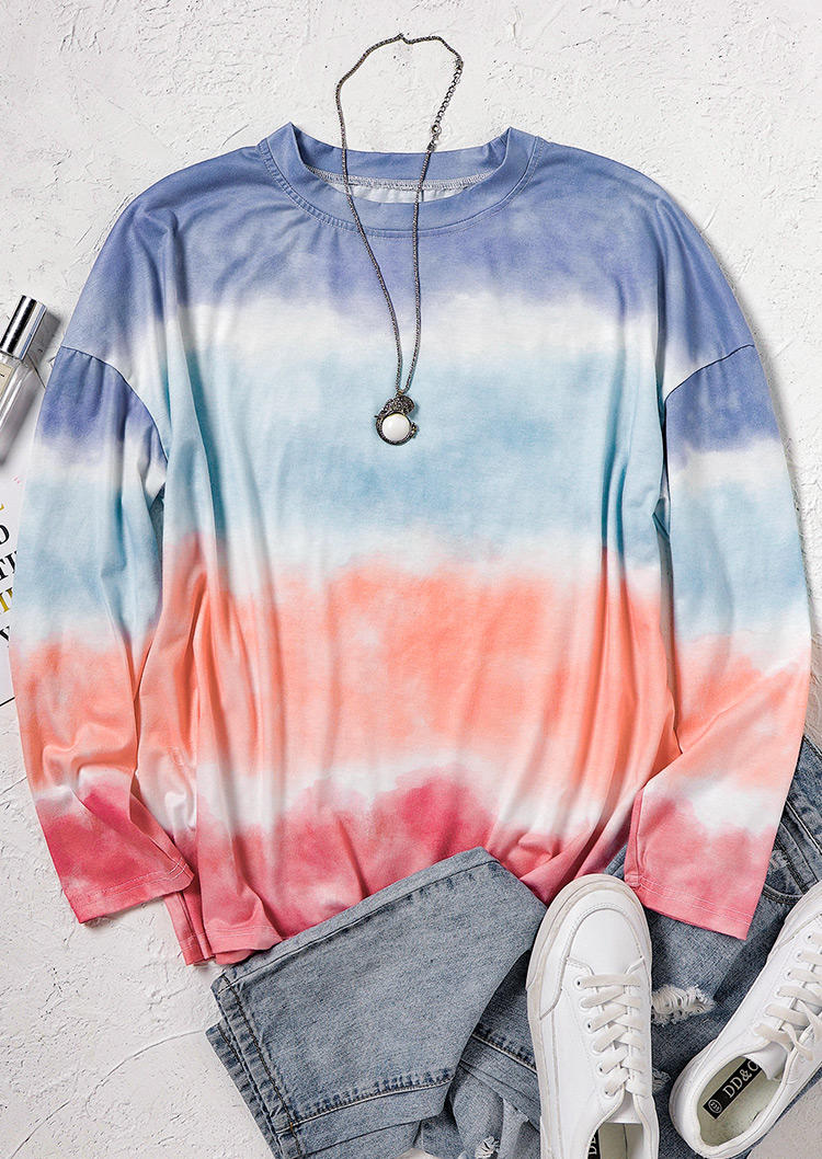 Blouses Colorful Gradient Long Sleeve O-Neck Blouse in Multicolor. Size: S,M,L,XL