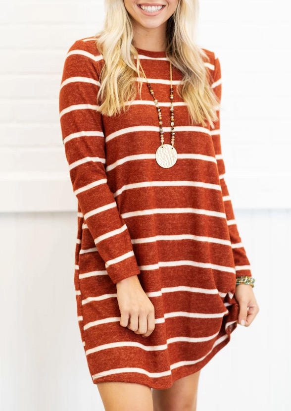 Striped Pocket O-Neck Long Sleeve Mini Dress