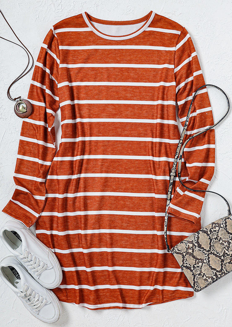 Mini Dresses Striped Pocket O-Neck Long Sleeve Mini Dress in Multicolor. Size: L,M,S,XL