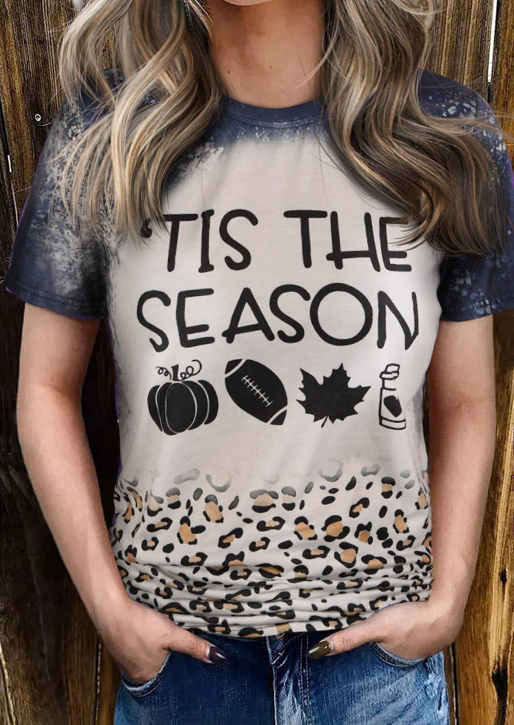 The Season Pumpkin Football Leopard T-Shirt Tee - Navy Blue