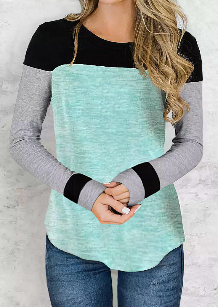 

Blouses Color Block Long Sleeve O-Neck Blouse in Pink. Size: ,L