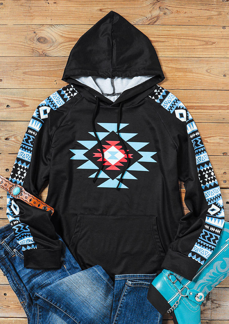 Hoodies Aztec Geometric Drawstring Kangaroo Pocket Hoodie in Black. Size: S,XL