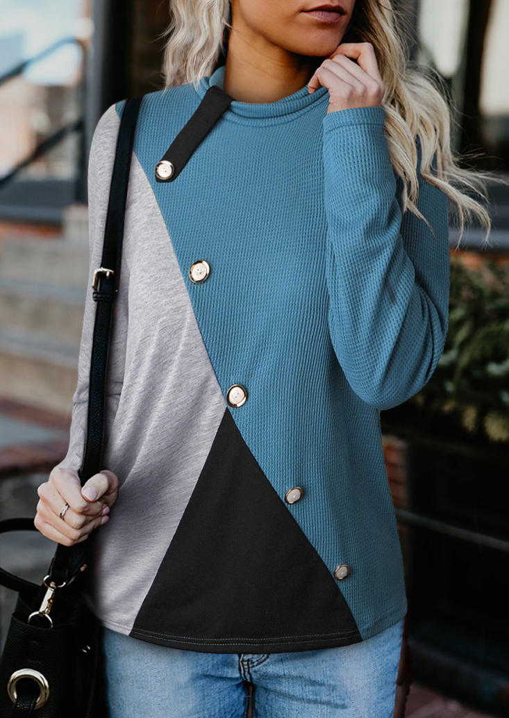 

Blouses Button Color Block Long Sleeve Blouse in Cyan. Size