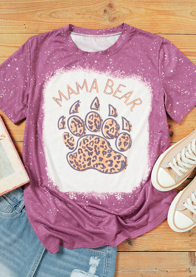 T-shirts Tees Mama Bear Paw Leopard Bleached T-Shirt Tee in Purple. Size: L,M,S,XL