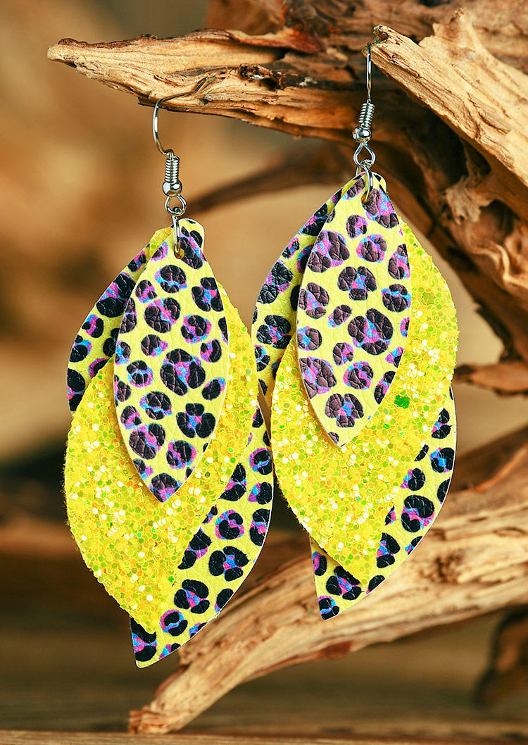 Earrings Colorful Leopard Sequined Leather Earrings in Yellow. Size: One Size
