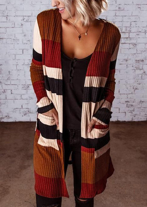 

Cardigans Pocket Striped Color Block Cardigan in Multicolor. Size
