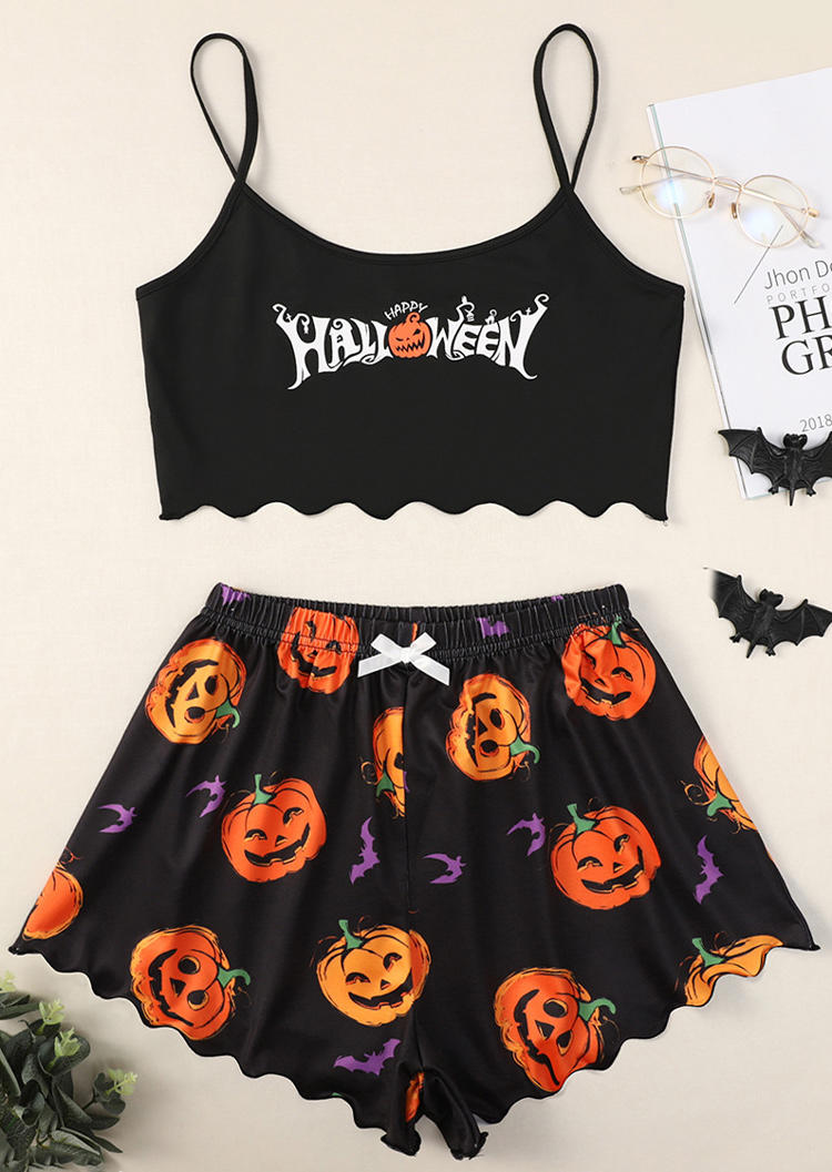 

Sleepwear Halloween Pumpkin Skull Camisole And Shorts Pajamas Set in Black. Size: ,M,L,XL