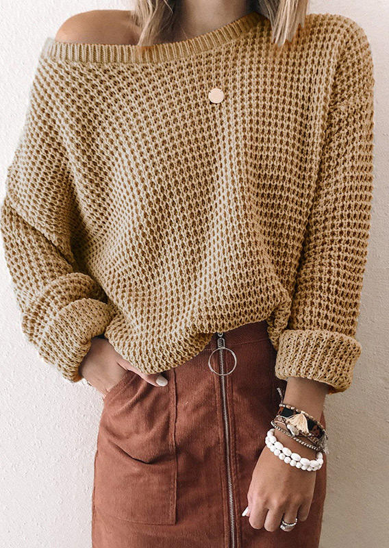 

Sweaters Pullover Drop-shoulder Long Sleeve Sweater in Khaki. Size