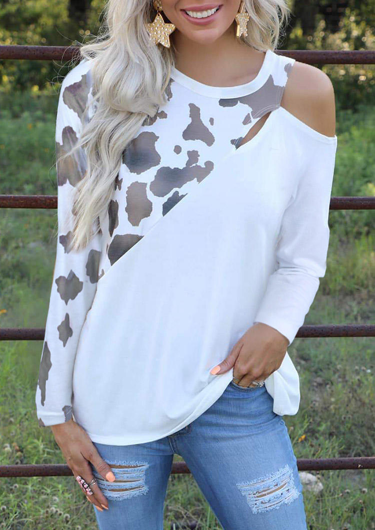 Blouses Cow One Sided Cold Shoulder Blouse in White. Size: L