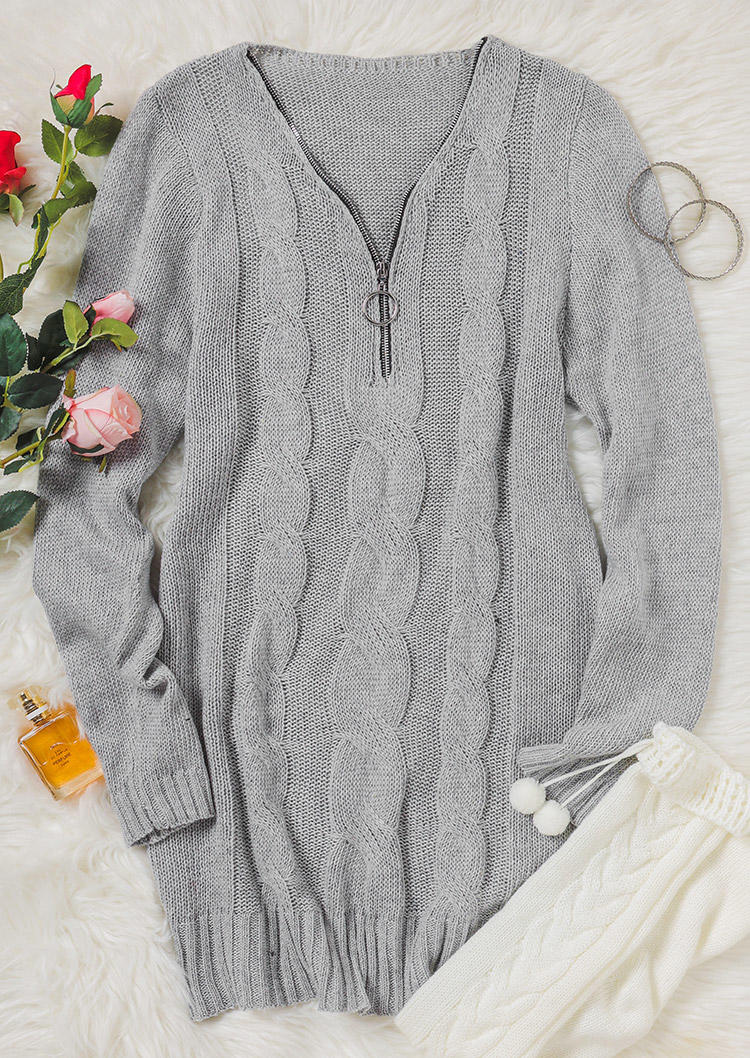 

Zipper Knitted Long Sleeve V-Neck Mini Dress - Gray, 517790
