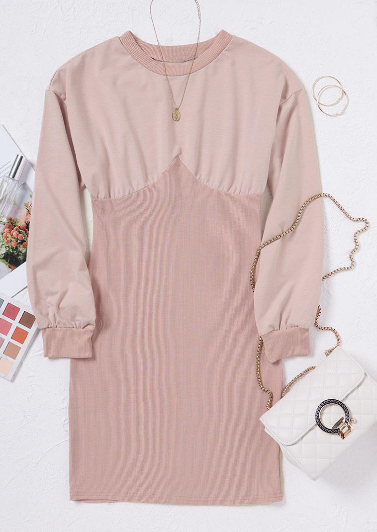 Bodycon Dresses Splicing Long Sleeve O-Neck Bodycon Dress in Light Pink. Size: S,XL