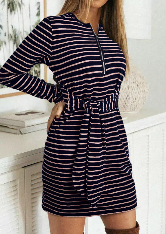 Zipper Striped Tie Long�0�2Sleeve Mini Dress