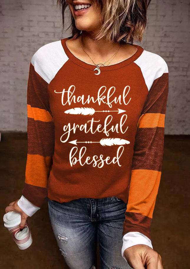 Thankful Grateful Blessed Feather Long Sleeve Blouse