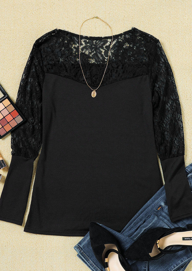 

Blouses Lace Splicing Long Sleeve Blouse in Black. Size