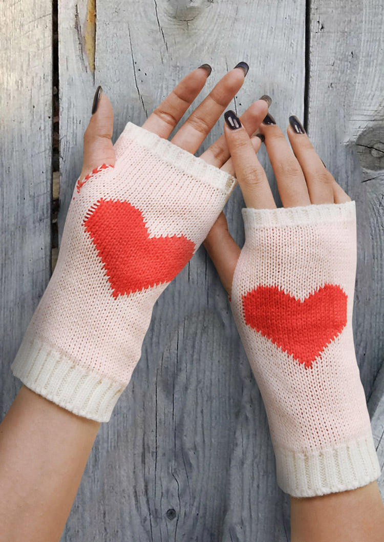 

Gloves Heart Knitted Warm Fingerless Gloves in White. Size