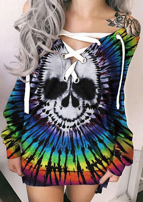 

Halloween Lace Up Skull Tie Dye Mini Dress, Multicolor, 518234
