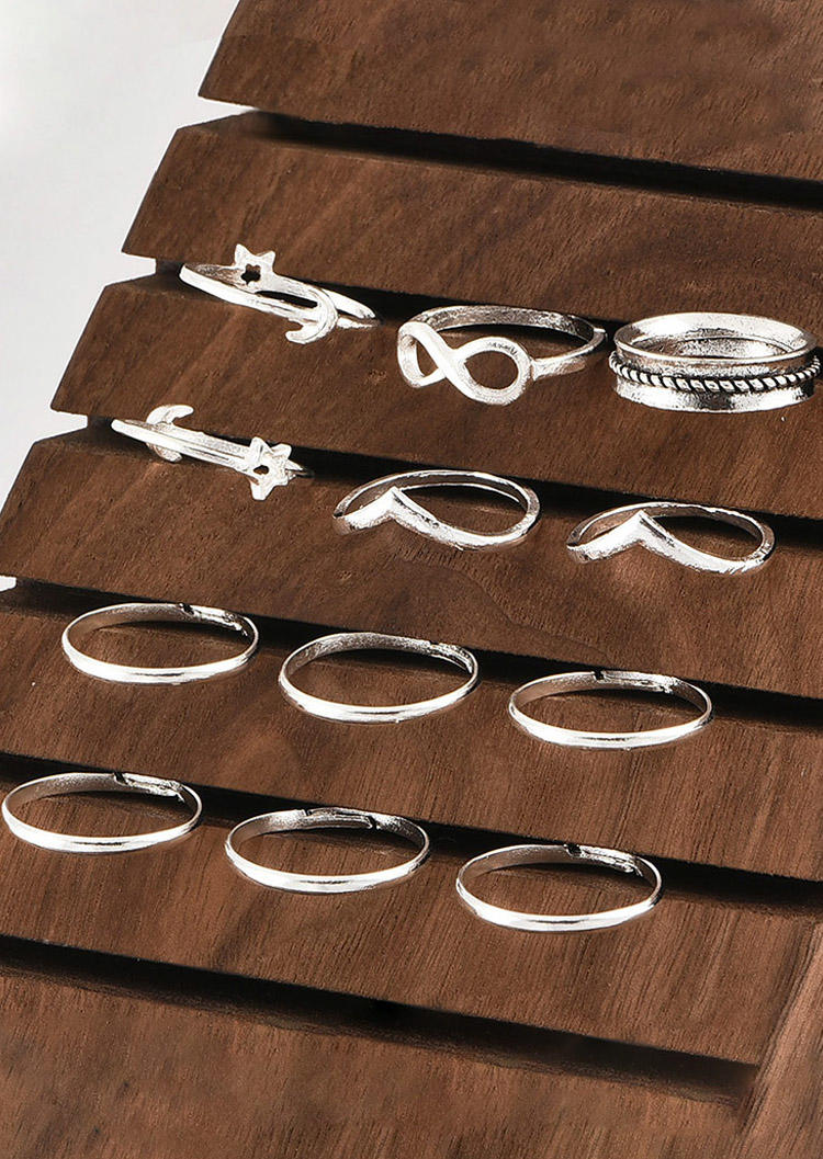 

Rings 12Pcs Bohemian Star Moon Hollow Out Alloy Ring Set in Silver. Size