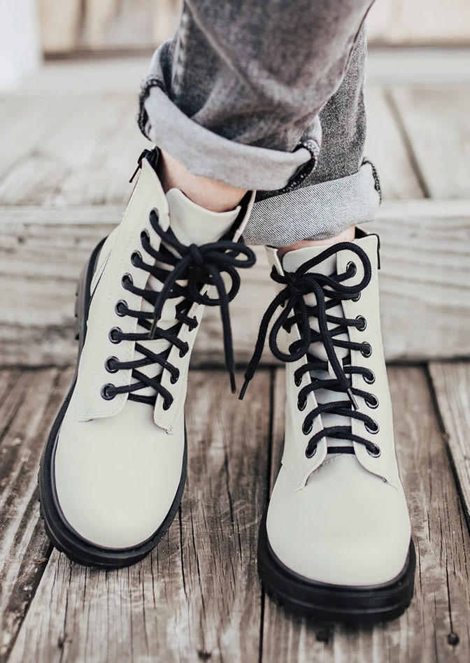 

Boots Lace Up Round Toe Ankle Martin Boots in Beige. Size