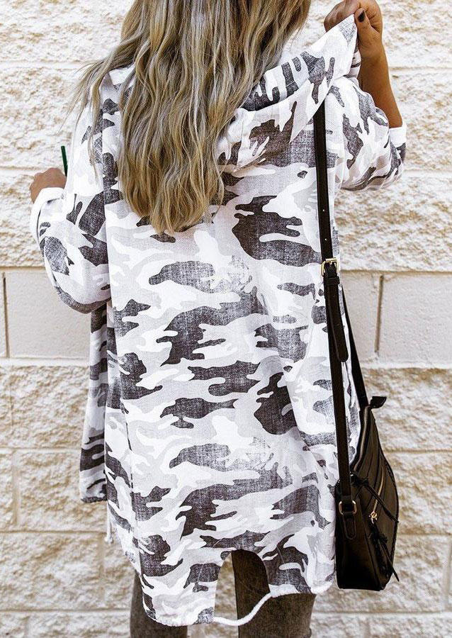 

Coats Camouflage Drawstring Hooded Long Sleeve Coat in Multicolor. Size