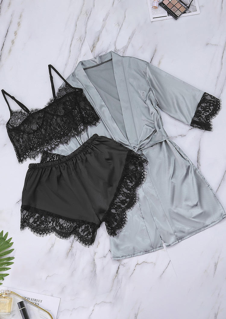 

Sleepwear 3Pcs Lace Splicing Camisole Shorts Lingerie Set in Black. Size