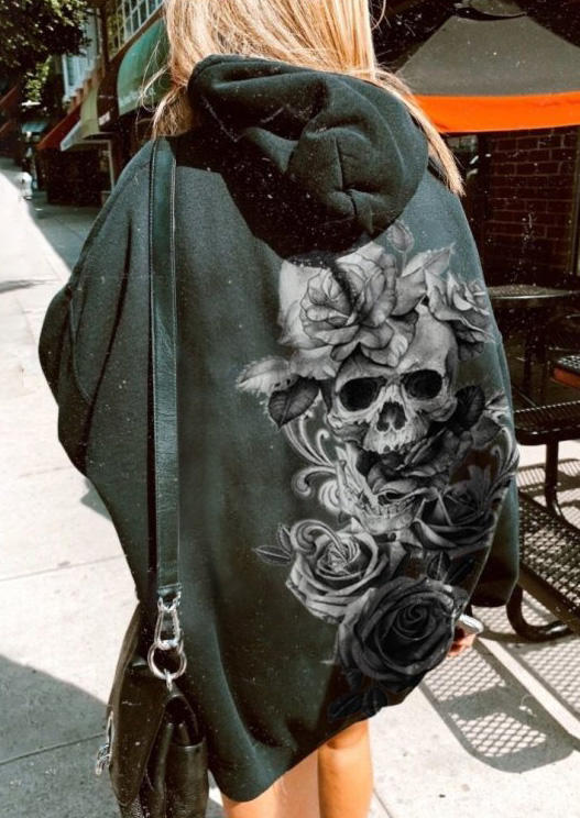 

Hoodies Halloween Skull Rose Hoodie - Black in Black. Size