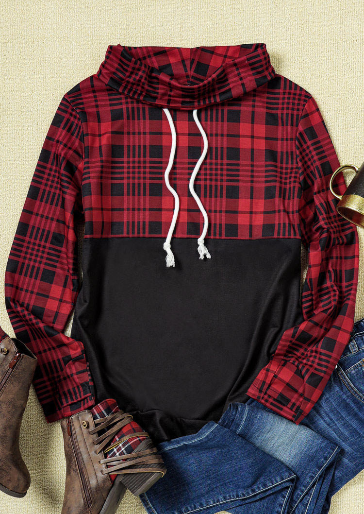 

Sweatshirts Plaid Splicing Pullover Long Sleeve Sweatshirt in Red. Size