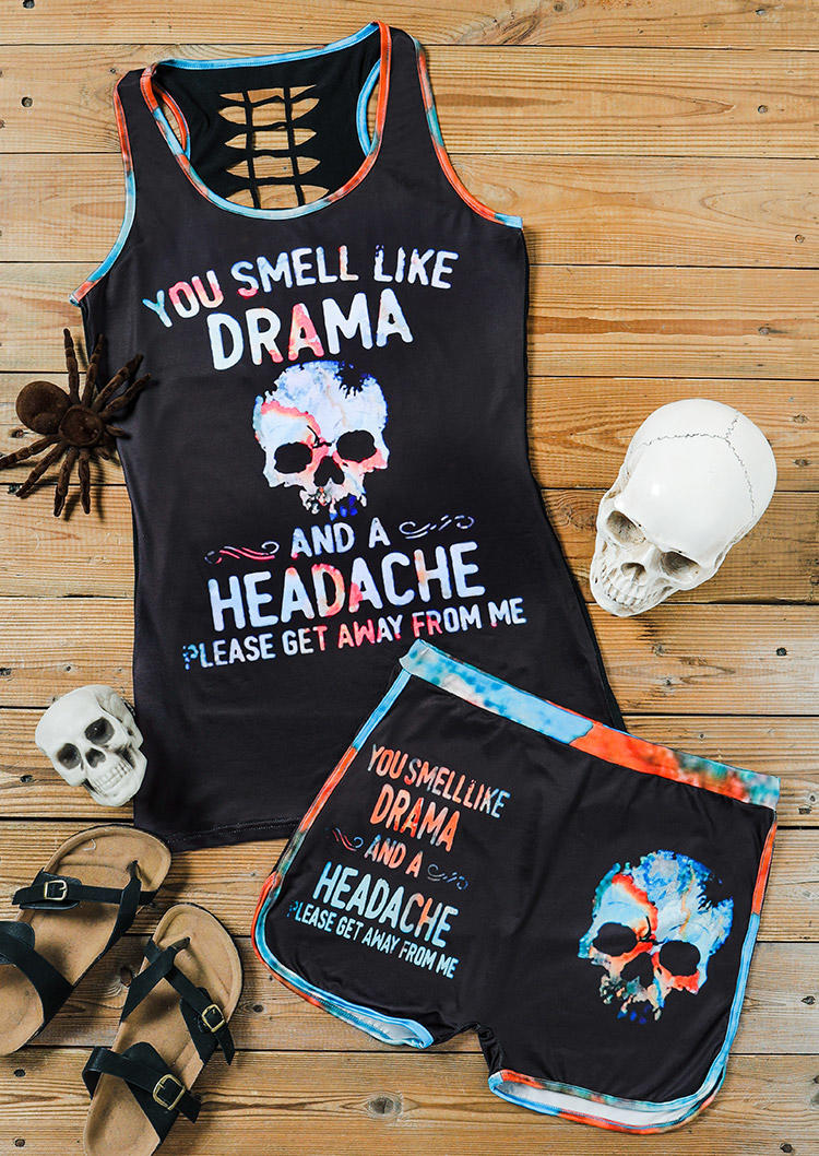 

Sleepwear Halloween Skull Hollow Out Tank And Shorts Pajamas Set in Black. Size: ,M,L,XL