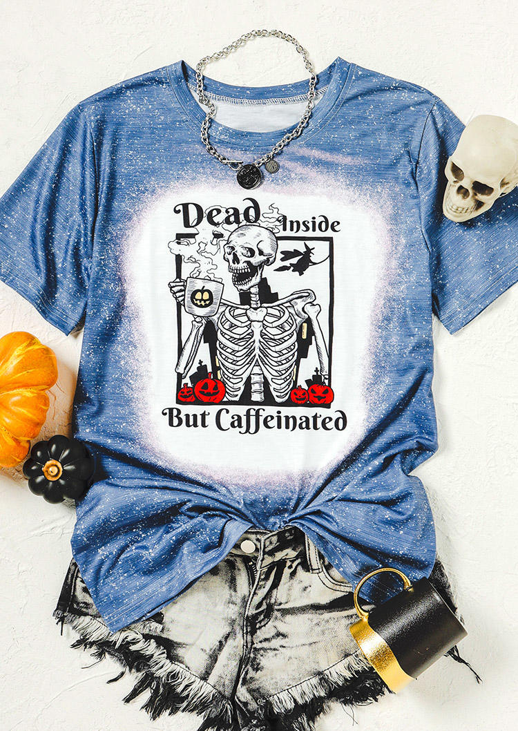 

T-shirts Tees Dead Inside Pumpkin Skeleton T-Shirt Tee in Blue. Size: ,M,L
