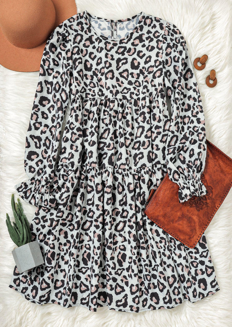 Mini Dresses Ruffled Leopard Long Sleeve Mini Dress in Multicolor. Size: L,M,S