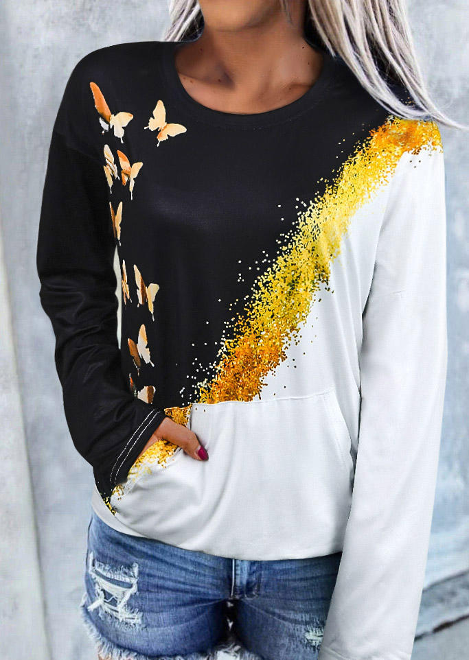 

Sweatshirts Butterfly Color Block Kangaroo Pocket Sweatshirt in Black. Size