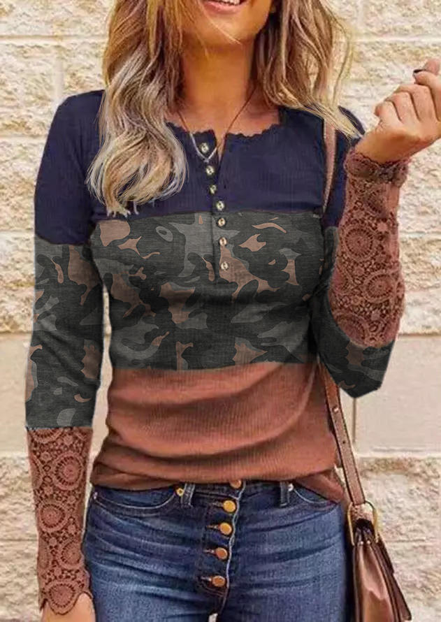 Blouses Lace Hollow Out Splicing Camouflage Button Blouse in Multicolor. Size: L,M,S,XL