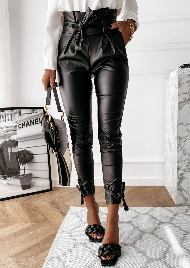 

Pants Pocket PU Leather High Waist Pants with Belt in Black. Size