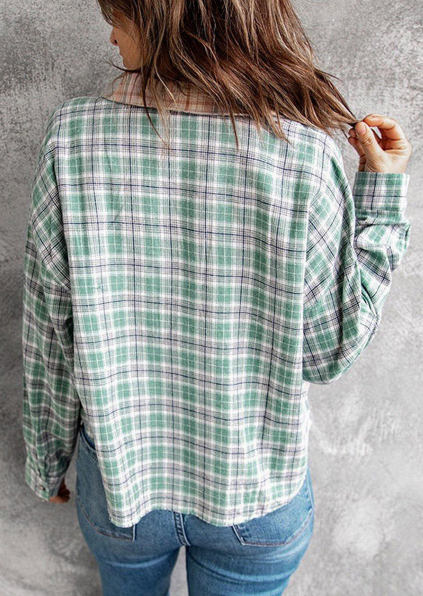 

Shirts Plaid Pocket Button Splicing Long Sleeve Shirt in Plaid. Size