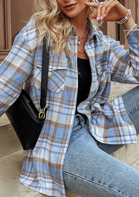 

Coats Plaid Pocket Button Turn-down Collar Shirt Coat in Blue. Size: ,M,L,XL