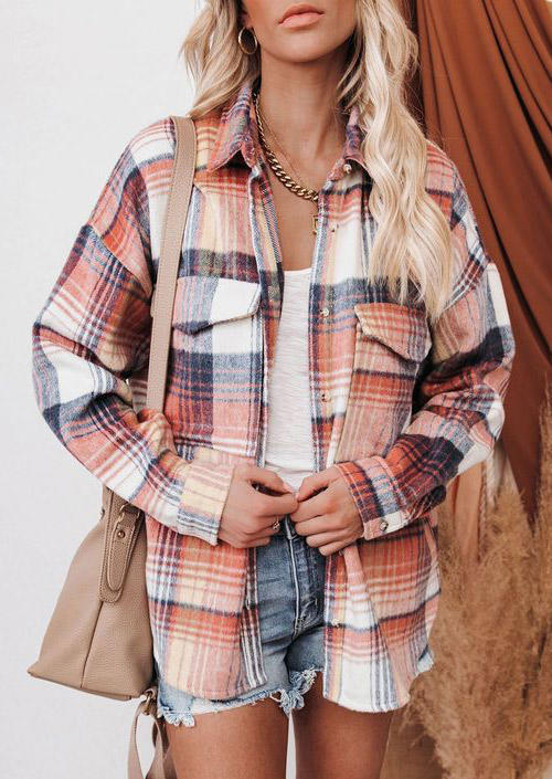 

Coats Plaid Pocket Button Turn-down Collar Shirt Coat in Pink. Size: ,M,L,XL