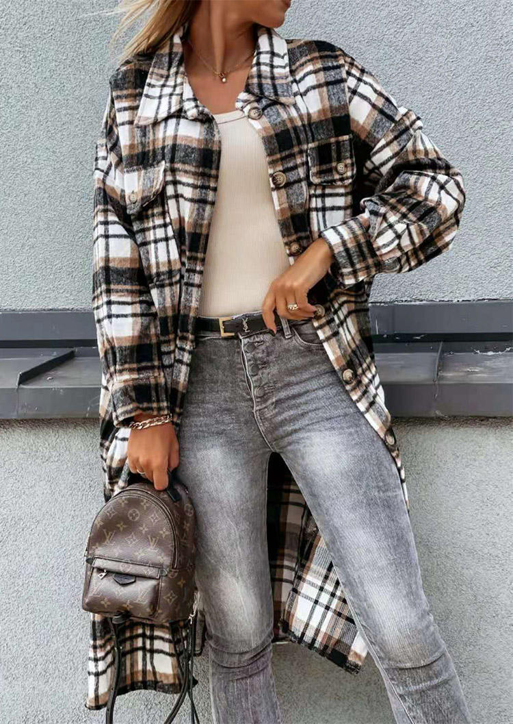 

Coats Plaid Button Turn-down Collar Cardigan Coat in Black. Size: ,M,L,XL