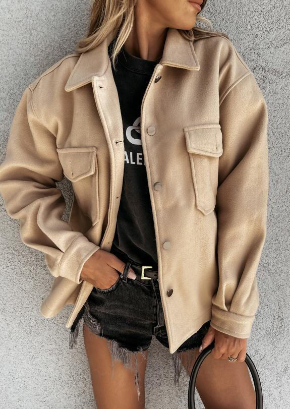 

Coats Pocket Button Turn-down Collar Coat in Khaki. Size: ,M,L,XL
