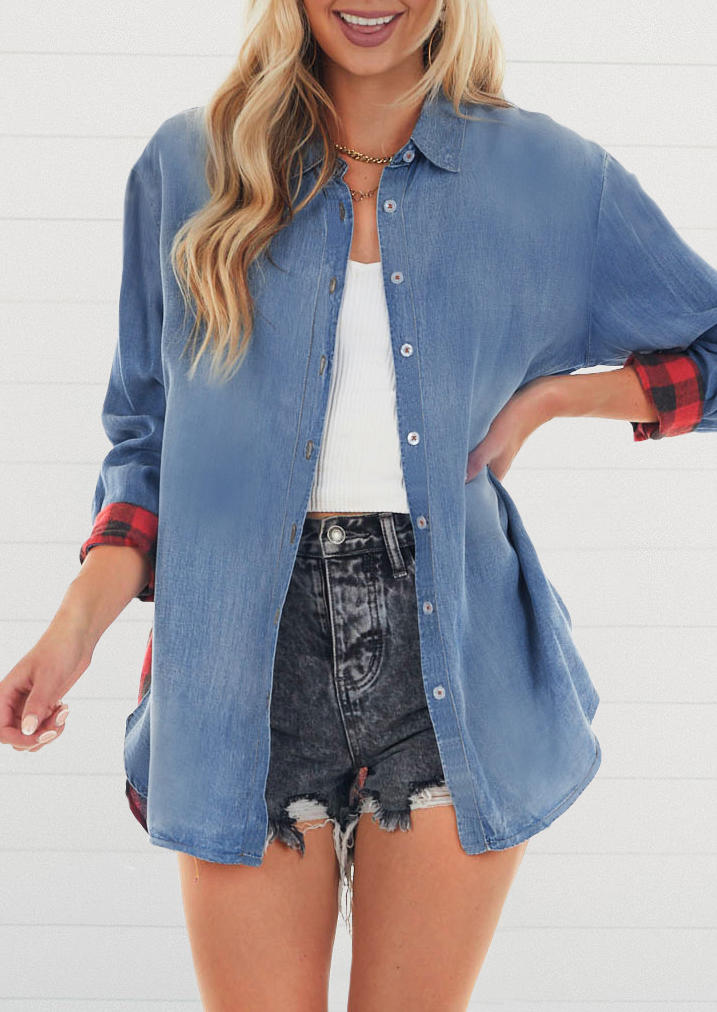 

Shirts Plaid Splicing Denim Long Sleeve Shirt in Blue. Size
