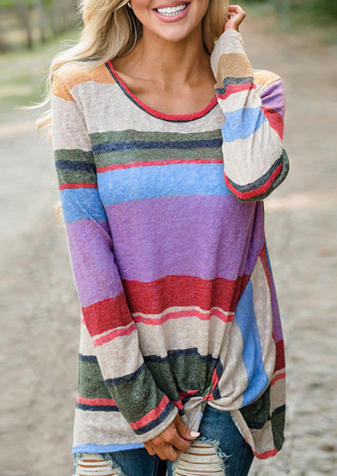 Color Block Striped Twist Long Sleeve Blouse