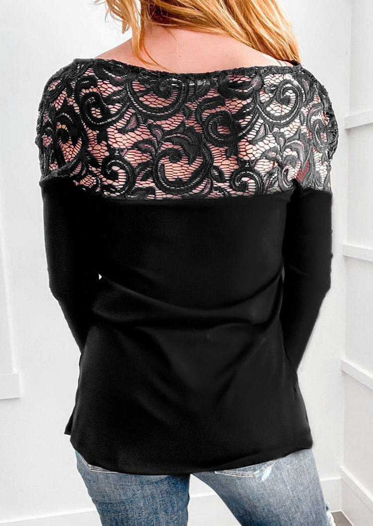 Blouses Lace Hollow Out Splicing Long Sleeve Blouse in Black. Size: L,M,S